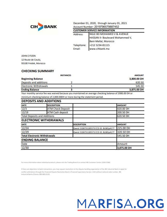 Blank Morocco CIH bank statement excel sample